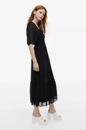 Puff-sleeved Smocked Dress - Black - Ladies | H&M CA