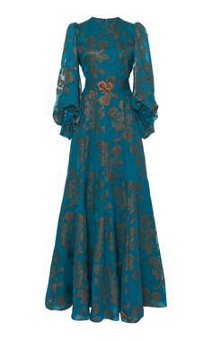 Dark Turquoise & Gold Leaf Long Sleeve Gown