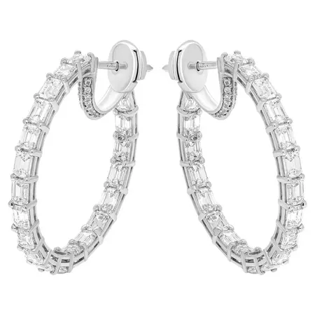 Hoop Earrings with 6 Carat Emerald Cut Diamonds For Sale at 1stDibs