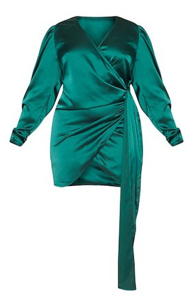 Plus Emerald Green Satin Puff Sleeve Wrap Dress | PrettyLittleThing USA
