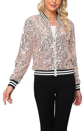 Amazon.com: Yutuwomsfushi Women's Sequin Long Sleeve Front Zip Bomber Jacket with Ribbed Cuffs : Clothing, Shoes & Jewelry