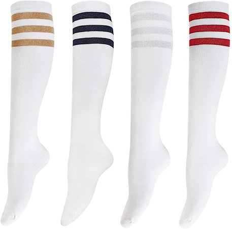 Tom & Mary Women’s Knee High Socks, Combed Cotton (86%), Non Slip, Stretch, Glitter Triple Stripe, Soft, Non See Through (Size 5-9) (Glitter White) at Amazon Women’s Clothing store