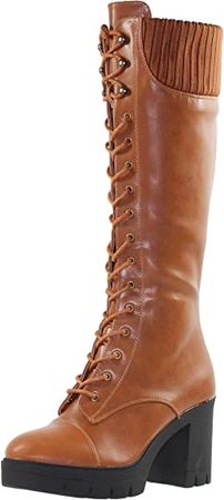 Amazon.com | Generation Y Women's Knee High Combat Boots Lace Up Chunky Heel Knitted Cuff Zipper Closure Brown PU Size 8 | Knee-High