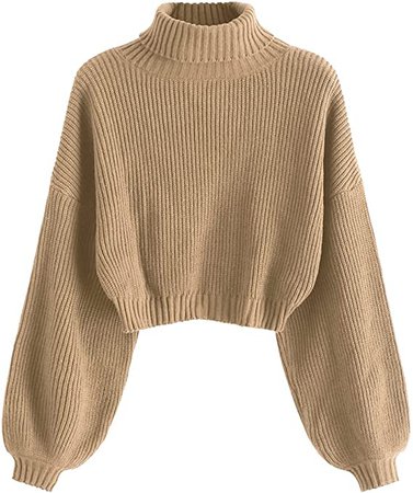 ZAFUL Women's High Neck Lantern Sleeve Ribbed Knit Pullover Crop Sweater Jumper (Tan, M) : Clothing, Shoes & Jewelry