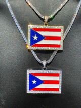 Solid 925 Silver Puerto Rico Flag Pendant 2" Wide BORICUA Rican Chain 14k Gold