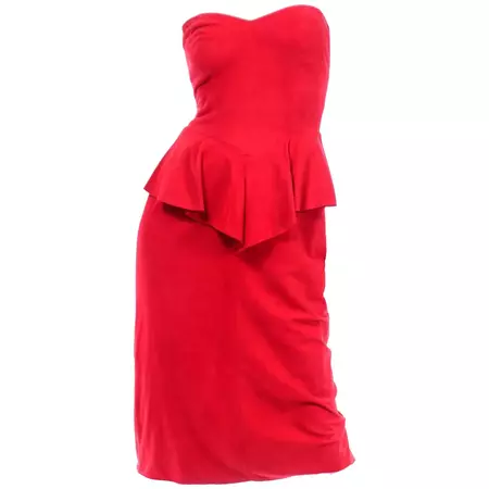 1980s Vintage Red Vakko Suede Peplum Strapless Dress For Sale at 1stDibs | vakko dress, pointed strapless dress