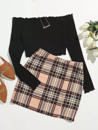 Lettuce Trim Crop Bardot Top & Split Hem Tartan Skirt Set | SHEIN USA