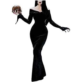 Amazon.com: BADHUB Women Halloween Cosplay Dress Morticia Witch Lace Up V Neck Hollow Batwing Sleeve Floor Length Bodycon Dress Black : Clothing, Shoes & Jewelry