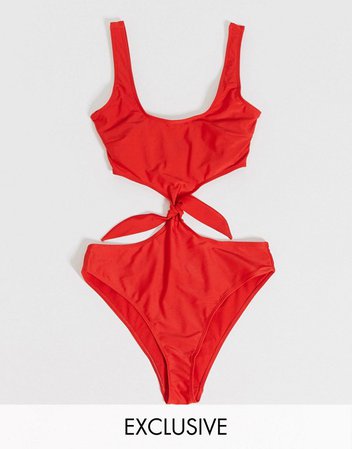 Wolf & Whistle Fuller Bust Exclusive Eco plunge high leg swimsuit with hardware in red | ASOS