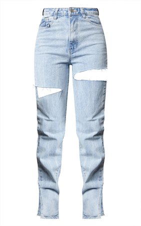 Light Blue Wash Thigh Rip Split Hem Jeans | PrettyLittleThing USA
