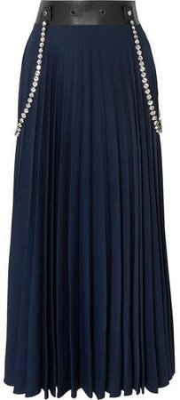 Embellished Leather-trimmed Pleated Cady Maxi Skirt - Navy