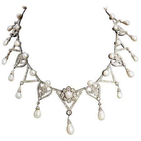1910s Important Antique Natural Pearl Diamond Platinum Necklace For Sale at 1stDibs