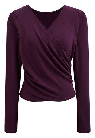 Cross V-Neck Long Sleeves Top in Purple - Retro, Indie and Unique Fashion