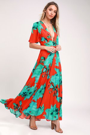 On the Road Temptress - Red and Teal Maxi Dress - Maxi Dress