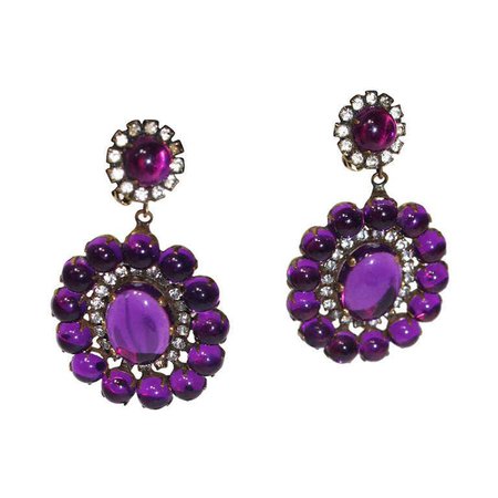 Kenneth Jay Lane Large Purple and Rhinestone Clip Earrings For Sale at 1stDibs | purple rhinestone earrings