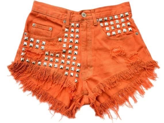 orange studded distressed shorts