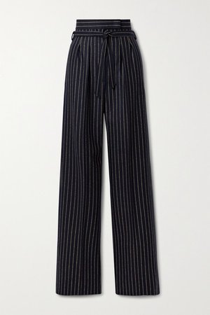 Samba Belted Pinstriped Wool And Cashmere-blend Wide-leg Pants - Midnight blue