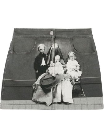 Burberry Victorian Portrait Print Stretch Denim Mini Skirt - Grey