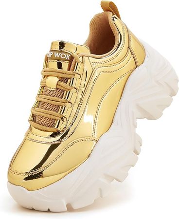 Amazon.com | K KIP WOK Chunky Sneakers for Women Fashion Platform Gold Leather Casual Dad Shoes Comfortable Wedge Walking Sport Sneakers（Gold,7B(M) US） | Walking