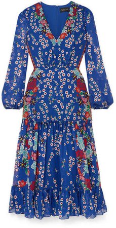 Devon Ruffled Floral-print Silk-chiffon Midi Dress - Royal blue