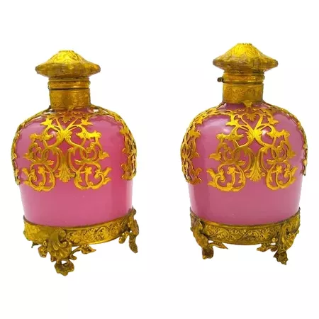 Pair of Rare Antique Palais Royal Pink Opaline Perfume Bottles with : Grand Tour Antiques | Ruby Lane