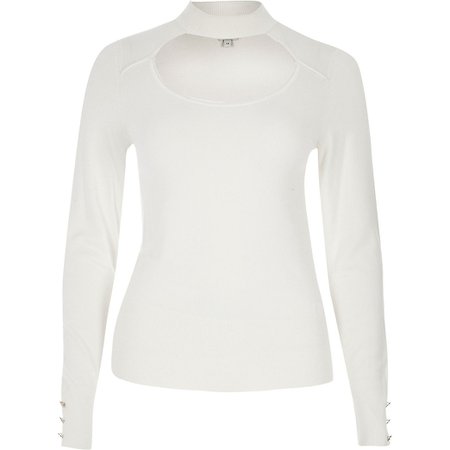 White cut out choker knitted jumper | River Island
