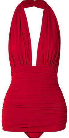 Bill Ruched Halterneck Swimsuit - Red