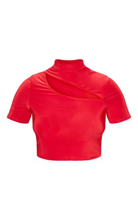 RED HIGH NECK SLINKY CUT OUT CROP TOP