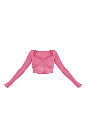 Hot Pink Mesh Long Sleeve Seam Detail Crop Top | PrettyLittleThing USA