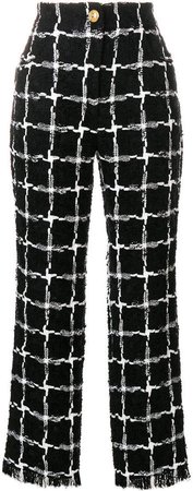 grid pattern raw edge trousers