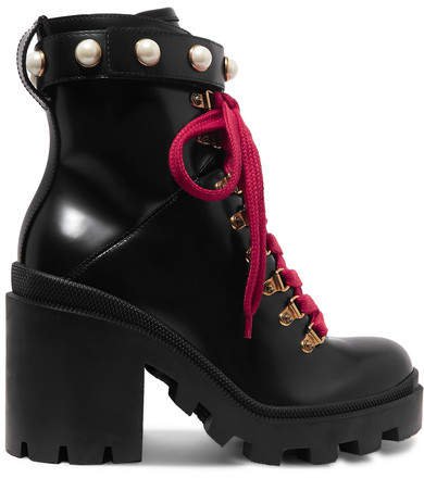 Trip Faux Pearl-embellished Leather Ankle Boots - Black