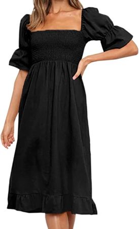 XIONGMEI Women Summer Short Puff Sleeve Square Neck Dress Smocked A-Line Solid Color Ruffle Flowy Swing Midi Dresses (Small, Solid Black) at Amazon Women’s Clothing store