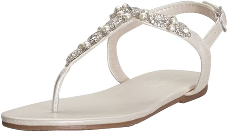 Amazon.com | Pearl and Crystal T-Strap Sandals Style Sarina, Ivory, 7W | Sandals