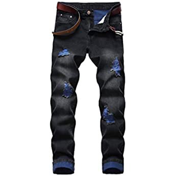 QIMYUM Mens Ripped Jeans, Distressed Destroyed Slim Fit Straight Leg Denim Pants (30, Black040) at Amazon Men’s Clothing store