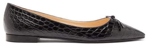 Bow Front Crocodile Effect Leather Ballet Flats - Womens - Black