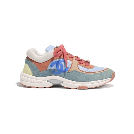 Nylon, Lambskin & Suede Calfskin Coral, Light Blue & White Sneakers | CHANEL