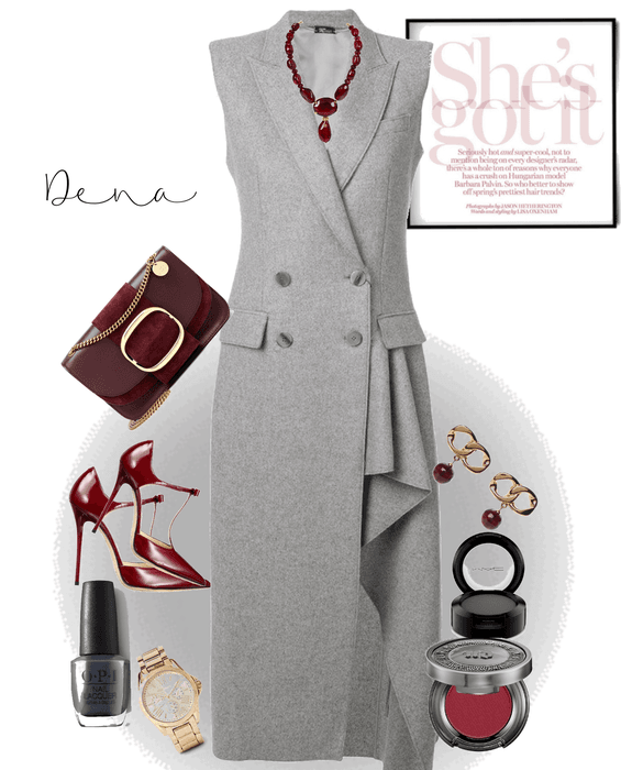Chanel Jewelry, grey coatdress with burgundy accessories