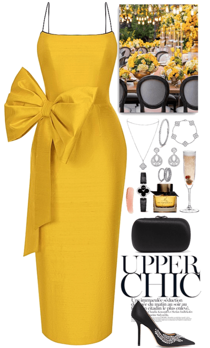 elegance, yellow dress with van cleef jewelry
