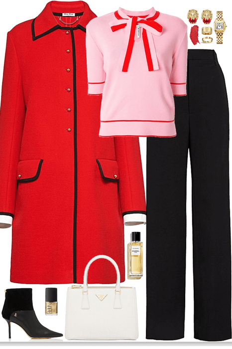 elegance look with chic red coat & gold jewelry