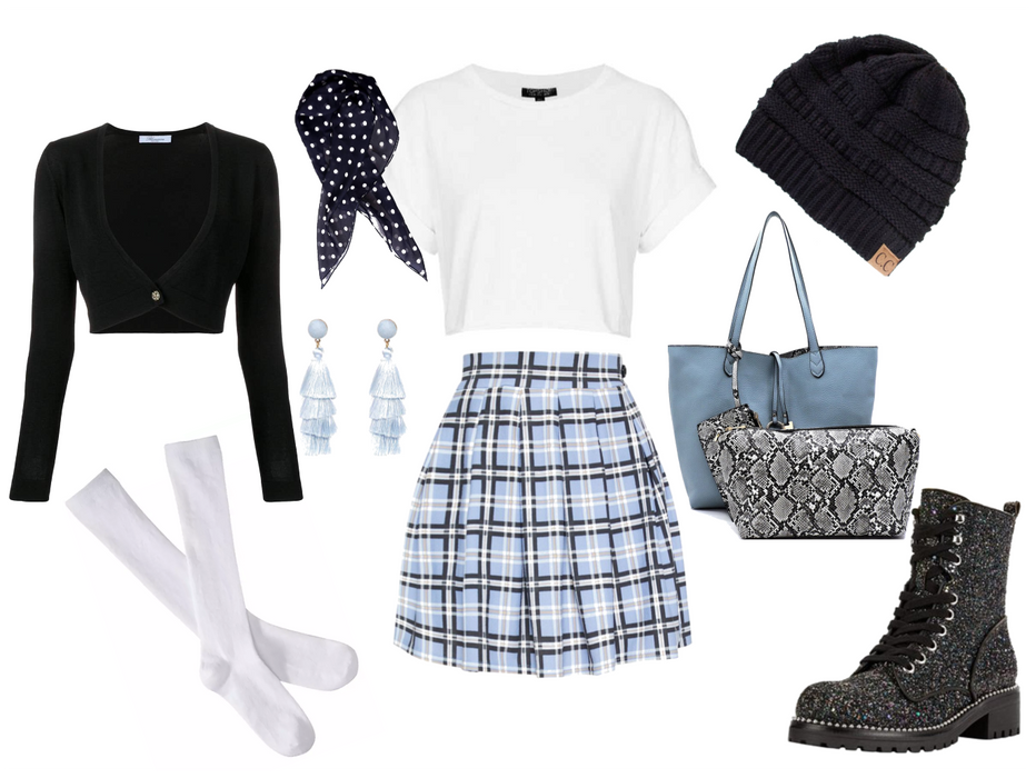 Blue, White and Black Cute Girl look