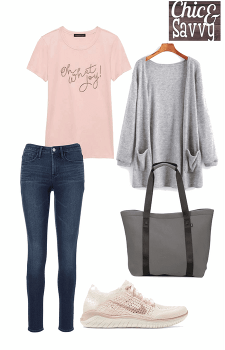Neutral casual outfit with blush pop