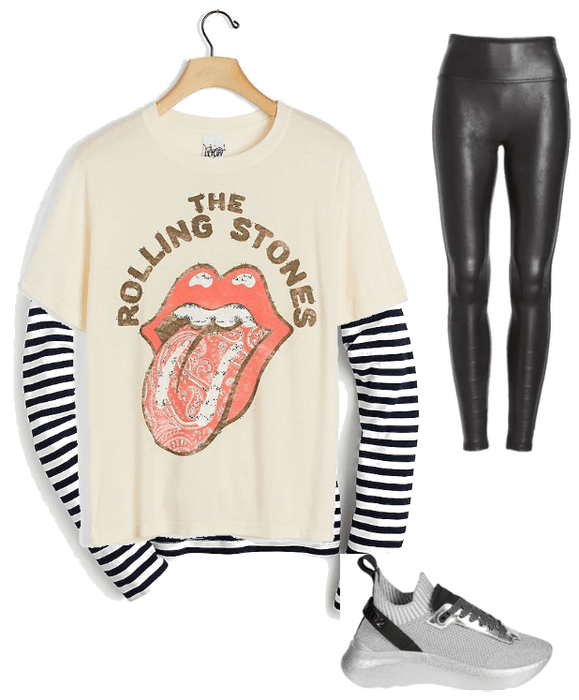 Layered graphic tee with leather pants