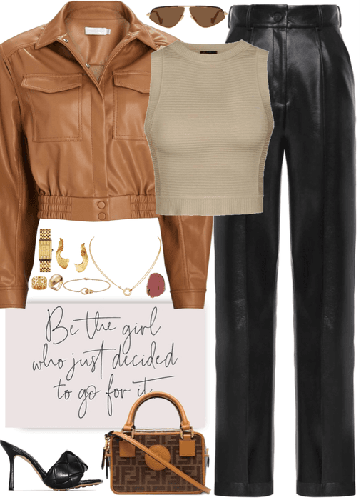 cool outfit with brown leather jacket & gold jewelry