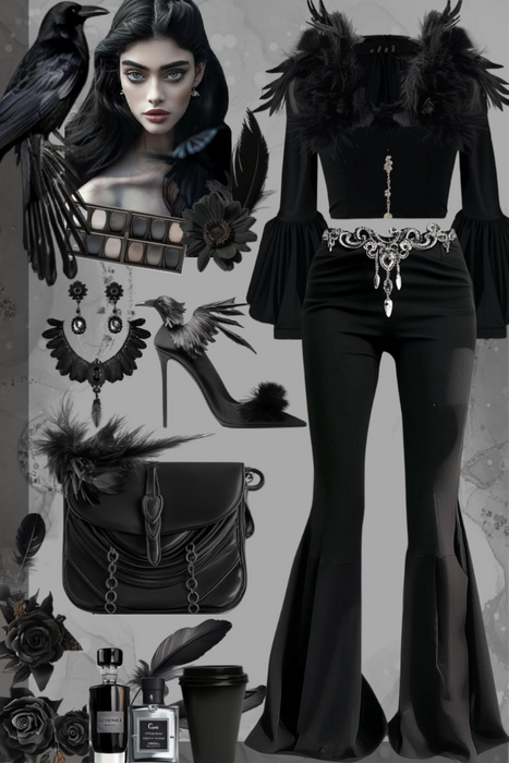 Black raven insired goth outfit moodboard