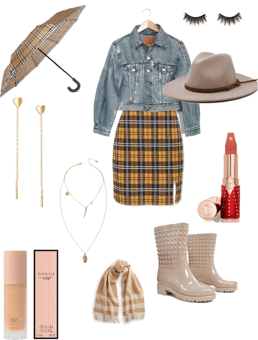 plaid and cream rainy day outfit
