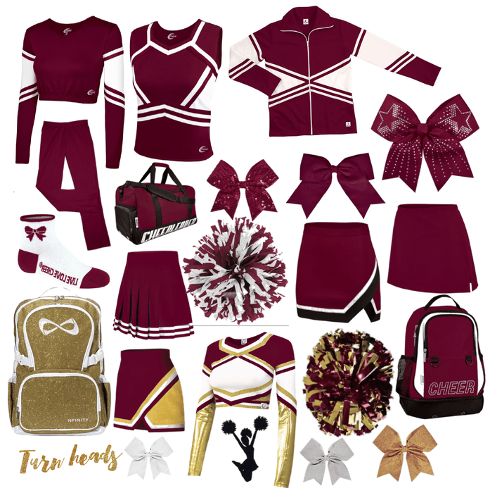 Maroon Cheer uniforms and accessories