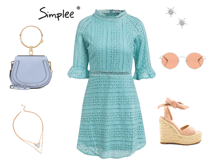 Tiffany Blue Hollow Out Lace Dress