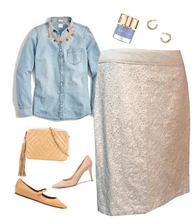 WHITE EYELET PENCIL SKIRT OUTFIT