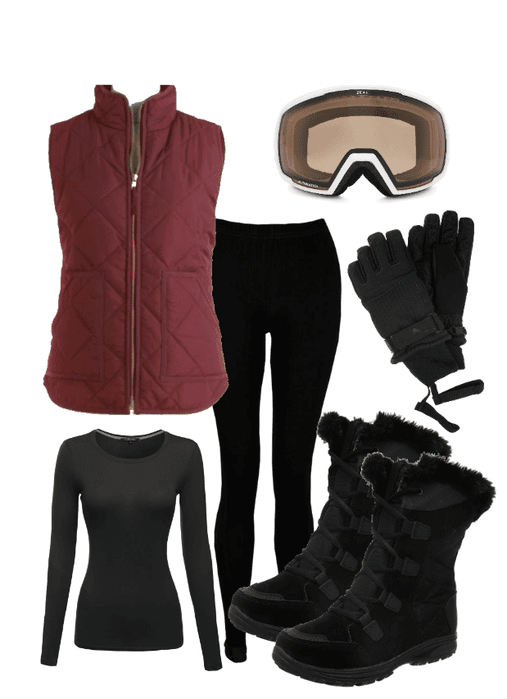 Maroon black ski outfit