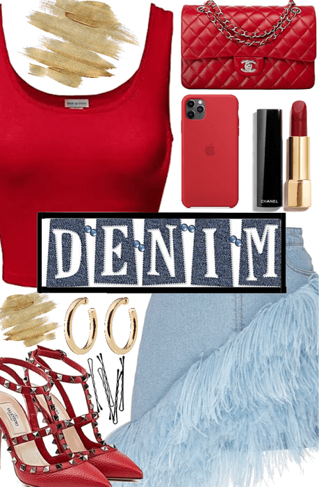 Red Top and Denim Skirt